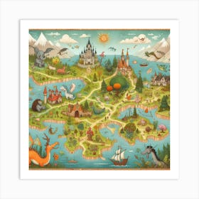 Charming Illustrated Map Of Imaginary Lands With Whimsical Creatures And Landmarks, Style Illustrated Map Art Art Print