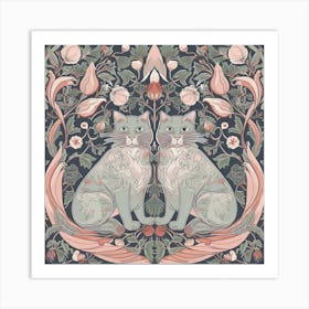 William Morris  Inspired  Classic Cats Pink And Sage Square Art Print
