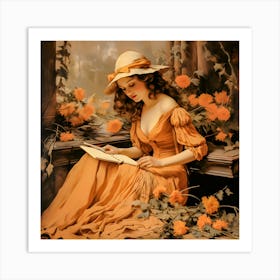 Romantic Reading Lady in a Floral Setting - Vintage Art Illustration Art Print