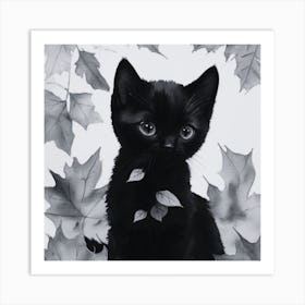 Black and White Black Kitten In Autumn Leaves Art Print