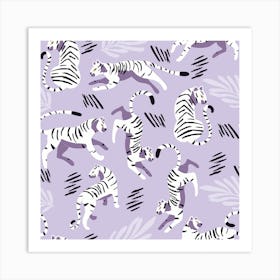 White Tiger Pattern On Pastel Purple Square Art Print