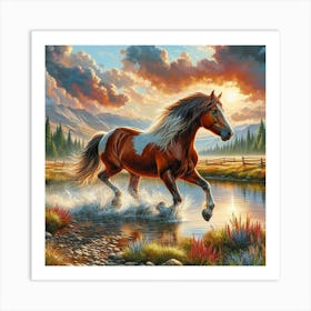 Horse Running In Water Art Print