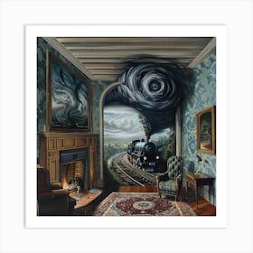 Magritte Style Painting of Surreal Train Art Print