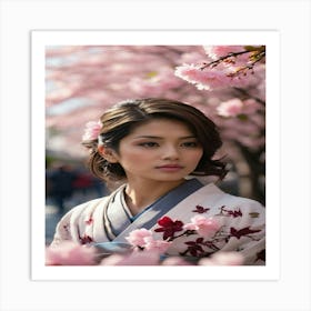 Asian Woman In Cherry Blossoms Art Print