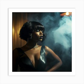 Available to purchase - A Smoking Hot Voluptuous Sexy Black Woman In A Black Latex Dress Eyes Closed - Created by Midjourney Art Print