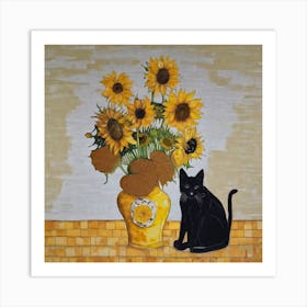 Sunflowers And Black Cat Art Print