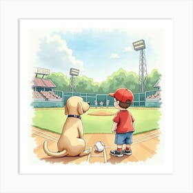 A Labrador Retriever And A Boy At A Baseball Game, Watercolor 1 Art Print