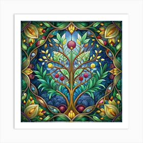 A Stained Glass Tree Of Life With Colorful Leaves And Berries Art Print