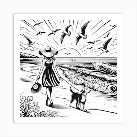 Line Art lady with a dog on the beach 1 Art Print