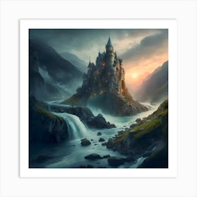 Mystical castle on the hillside, raging river in the valley Art Print