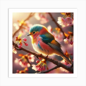Colorful Bird In Cherry Blossoms Art Print