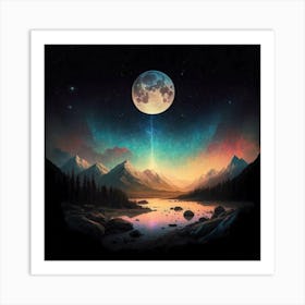 An enchanting and ethereal night sky over a tranquil landscape, featuring a silhouetted mountain range against the backdrop of a celestial display of stars and the soft glow of the moon. This captivating image can be used as wall art to create a peaceful and dreamy atmosphere in homes Art Print