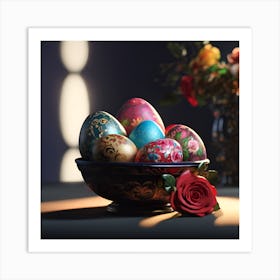 Bowl of Decorative Eggs with Red Rose Art Print