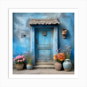 Blue wall. An old-style door in the middle, silver in color. There is a large pottery jar next to the door. There are flowers in the jar Spring oil colors. Wall painting.10 Art Print