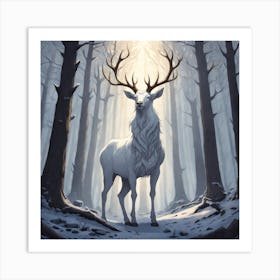 A White Stag In A Fog Forest In Minimalist Style Square Composition 52 Art Print