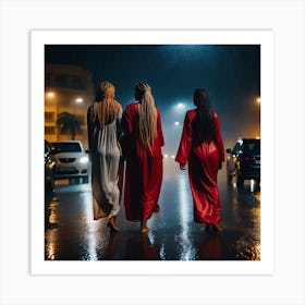 Three Women Walking In The Rain Art Print