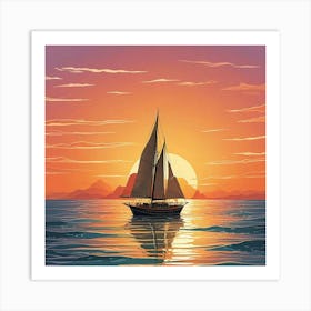 A Serene Illustration Of Sunset Sail Boat Art Print (2) Art Print