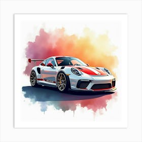 Porsche 911 Gt2 Rs Against A Colorful Watercolor Backdrop, No Signature Or Logo 1 Art Print