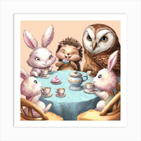 Owls At Tea Party Art Print