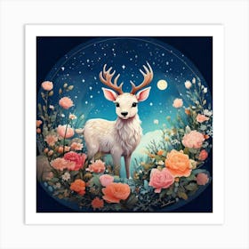 Firefly Charming, Cute, Reindeer, Baby, Winter, Meadow, Starry, Night, Round, Background, Peonies, S (3) Art Print