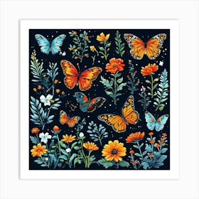 Watercolor Butterflies And Flowers, A Butterfly Garden With Various Species art print Art Print