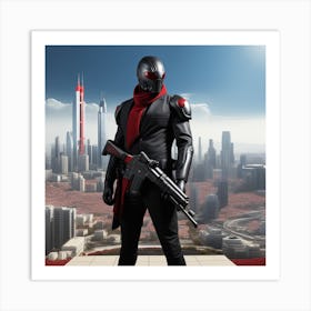 The Image Depicts A Man In A Black Suit And Helmet Standing In Front Of A Large, Modern Cityscape 7 Art Print