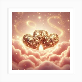 Two Golden Hearts In The Clouds Art Print