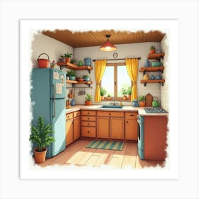 Warm Kitchen In Watercolor, Rustic Charm, Bright Colors 1 Art Print