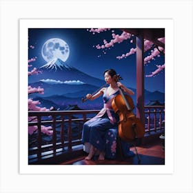 Asian Woman Playing Cello in the Balcony with moonlight and Mt Fuji mountains Art Print