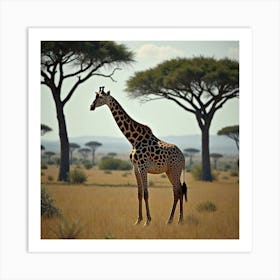 A Majestic Giraffe Standing Among Acacia Trees 1 Art Print