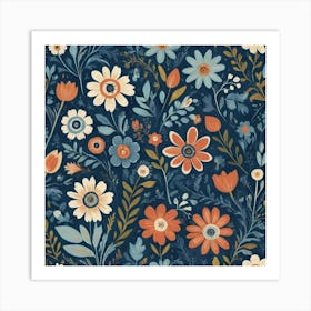 Folk Flowers Blue Art Print 3 Art Print