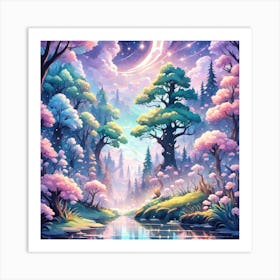 A Fantasy Forest With Twinkling Stars In Pastel Tone Square Composition 130 Art Print