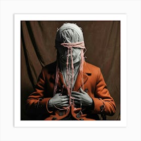 Person In Burnt Orange Coat With Fabric Covered Head Art Print