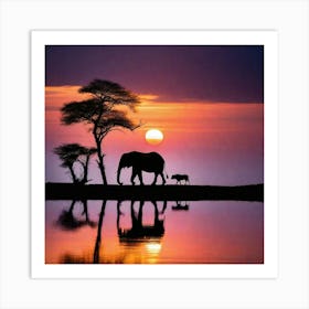 Sunset With Elephants 1 Art Print