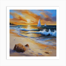 Oil painting design on canvas. Sandy beach rocks. Waves. Sailboat. Seagulls. The sun before sunset.7 Art Print