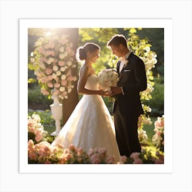 Bride And Groom In The Garden Art Print