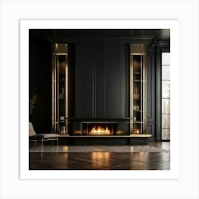 Modern Geometric Fireplace Polished Black Surface Brass Accents Including Narrow Shelves Minimal Art Print