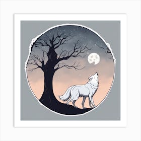 Sticker Art Design, Tree Howling To A Full Moon, Kawaii Illustration, White Background, Flat Colors, 1 Art Print