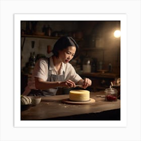 Asian Woman Preparing A Cake 1 Art Print