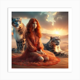 Girl With Snow Leopards Art Print