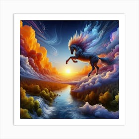 3 Dimensional Horse Jumping A Creek Sunset Clouds Swirling 4 Art Print