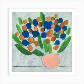 Floral Mood - painting hand painted abstract flowers peach orange green blue square still life kitchen living room Art Print