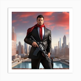 The Image Depicts A Man In A Black Suit And Helmet Standing In Front Of A Large, Modern Cityscape 6 Art Print