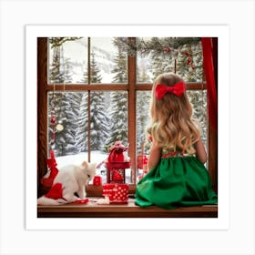 Firefly Little Girl, Blonde, Red Bow, Green Dress, Looking Out, Window, Snow Covered Forest, Fabulou (2) Art Print