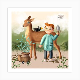 Boy And Deer Art Print