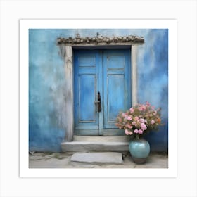 Blue wall. An old-style door in the middle, silver in color. There is a large pottery jar next to the door. There are flowers in the jar Spring oil colors. Wall painting.3 Art Print