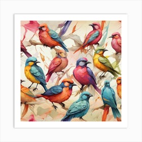 Colorful Birds On Branches Seamless Pattern Art Print