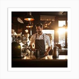 Cafe Interior Early Morning Barista Clad In A Crisp Apron With Visible Badges Of Skill Steam Waft (1) Art Print