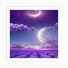 Moon And Lavender Field Art Print