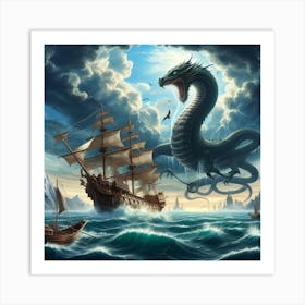 Dragon And Ship In The Sea Art Print